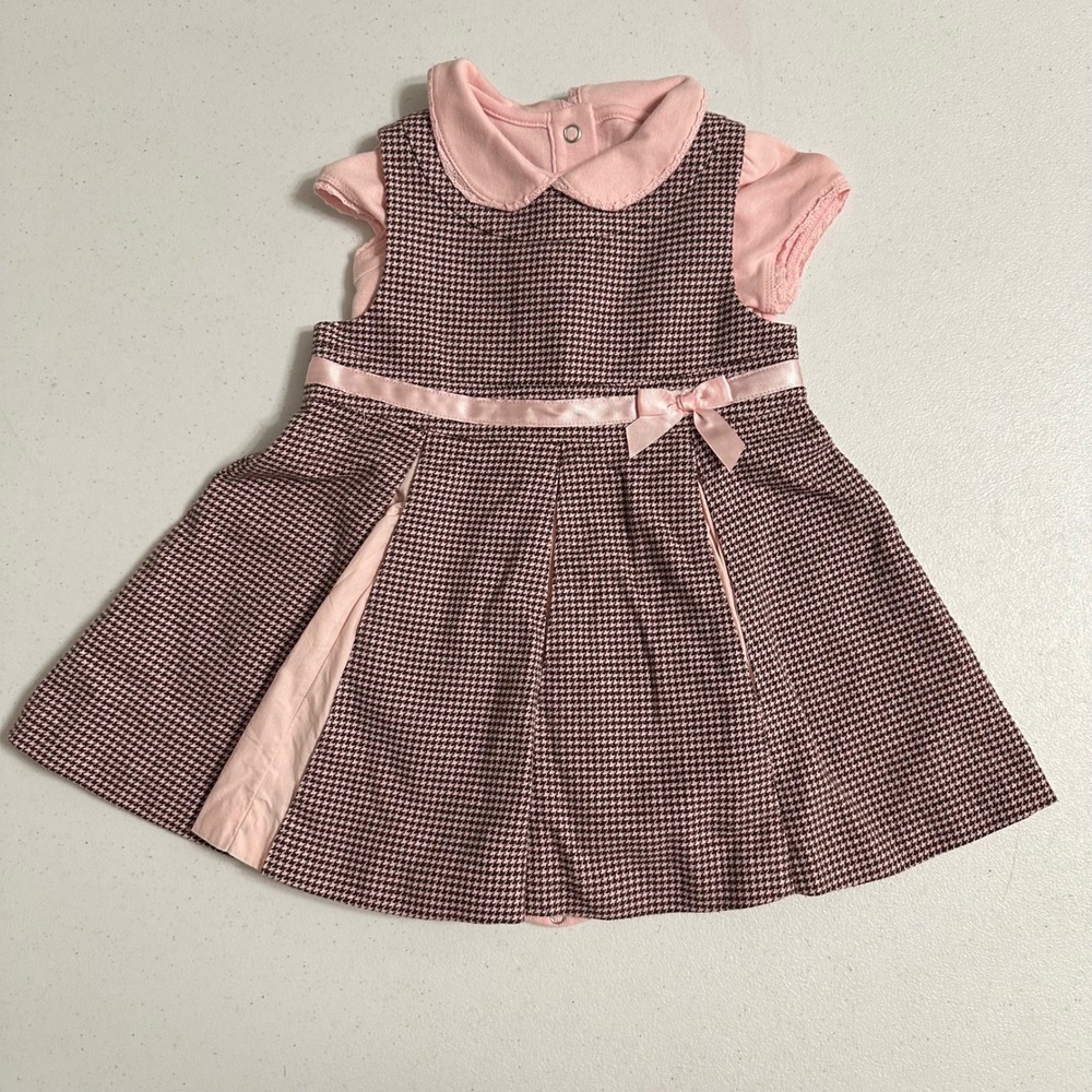 Gymboree Pleated Houndstooth Jumper Dress & Bodysuit Set Pink Brown VTG 12-18M